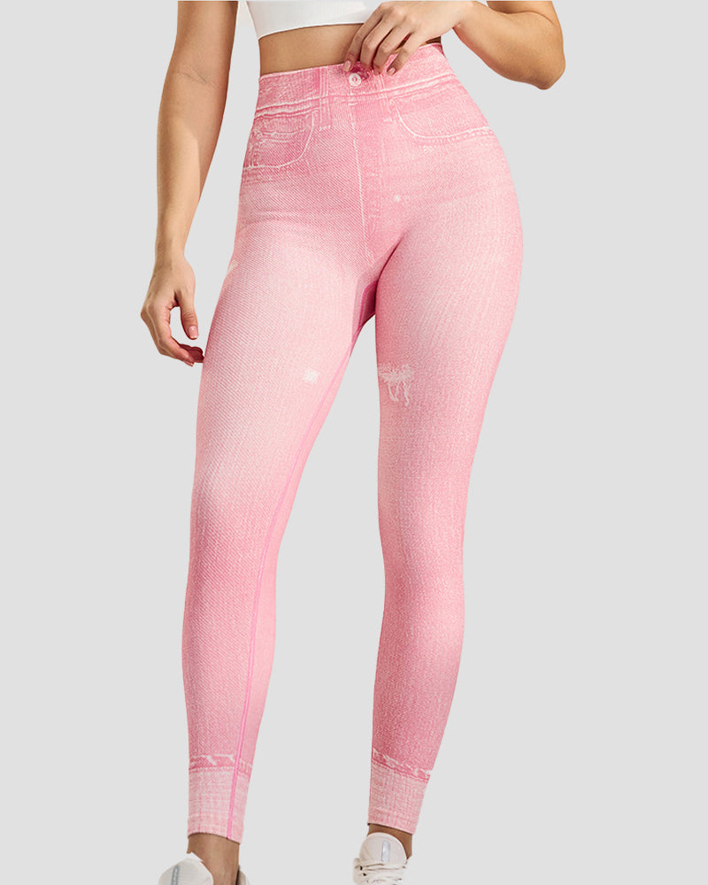 Peach Hip Denim Print Seamless Leggings for Women