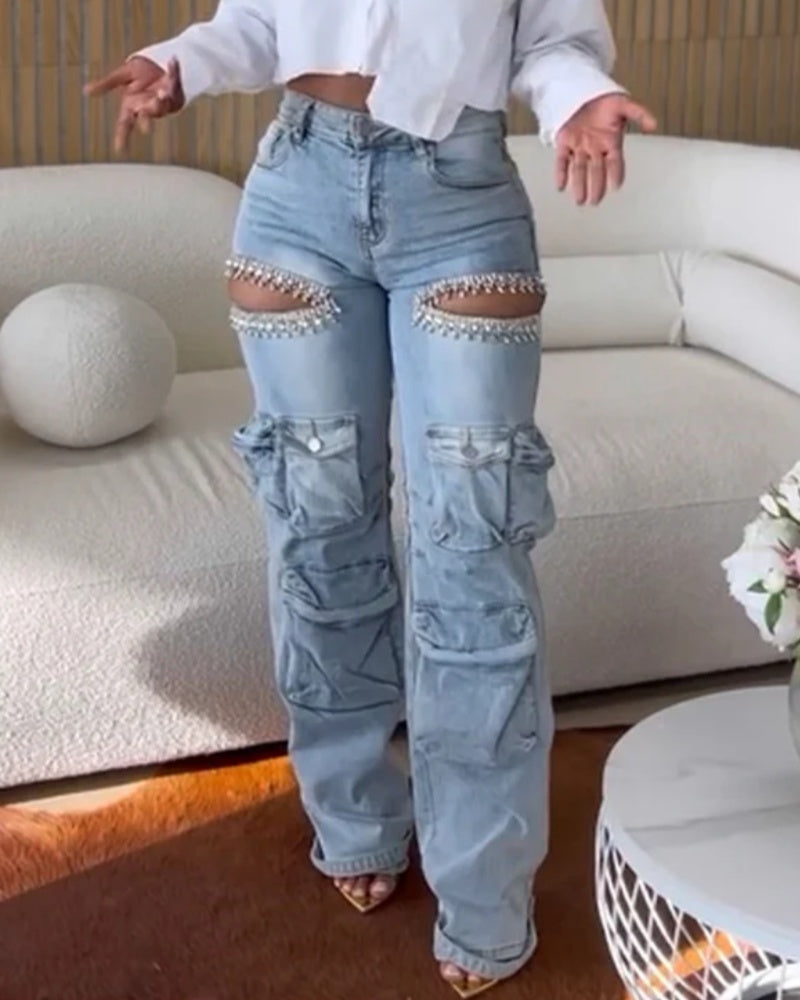 Stylish Wash Trimmed Cutouts Denim Cargo Jeans with Rhinestone