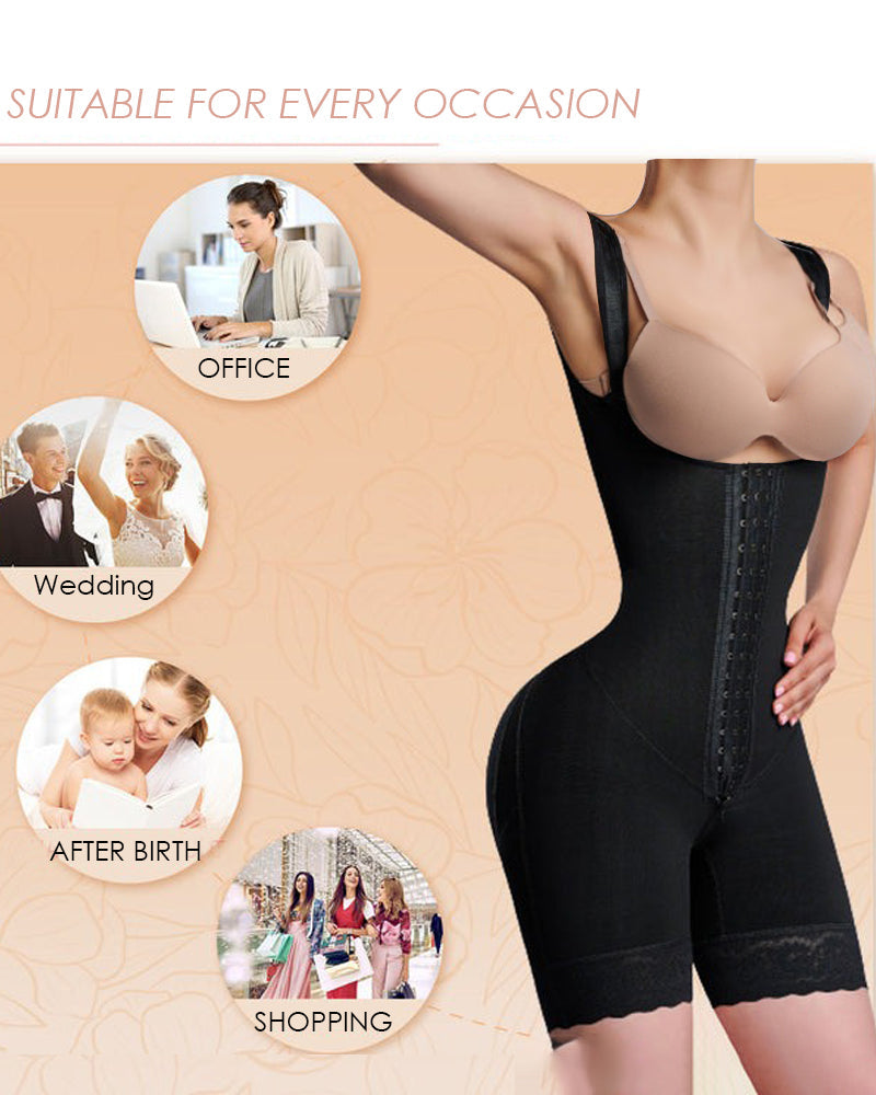 Body con forma de reloj de arena hasta la mitad del muslo con control de barriga y busto abierto