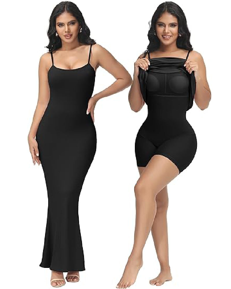 Women's 2 In 1 Spaghetti Slip Long Shapewear Dress Tummy Control Sleeveless Bodycon Dresses