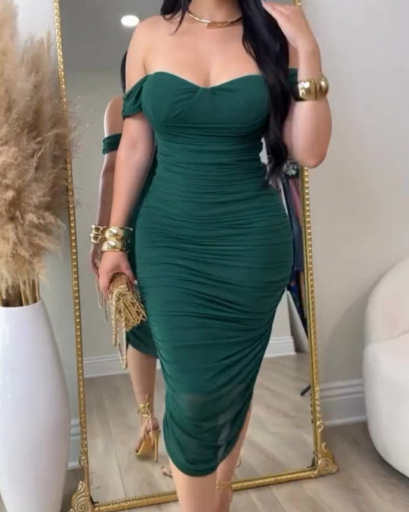 Glamorous Off Shoulder Ruched Bodycon Midi Dress (Pre-Sale)