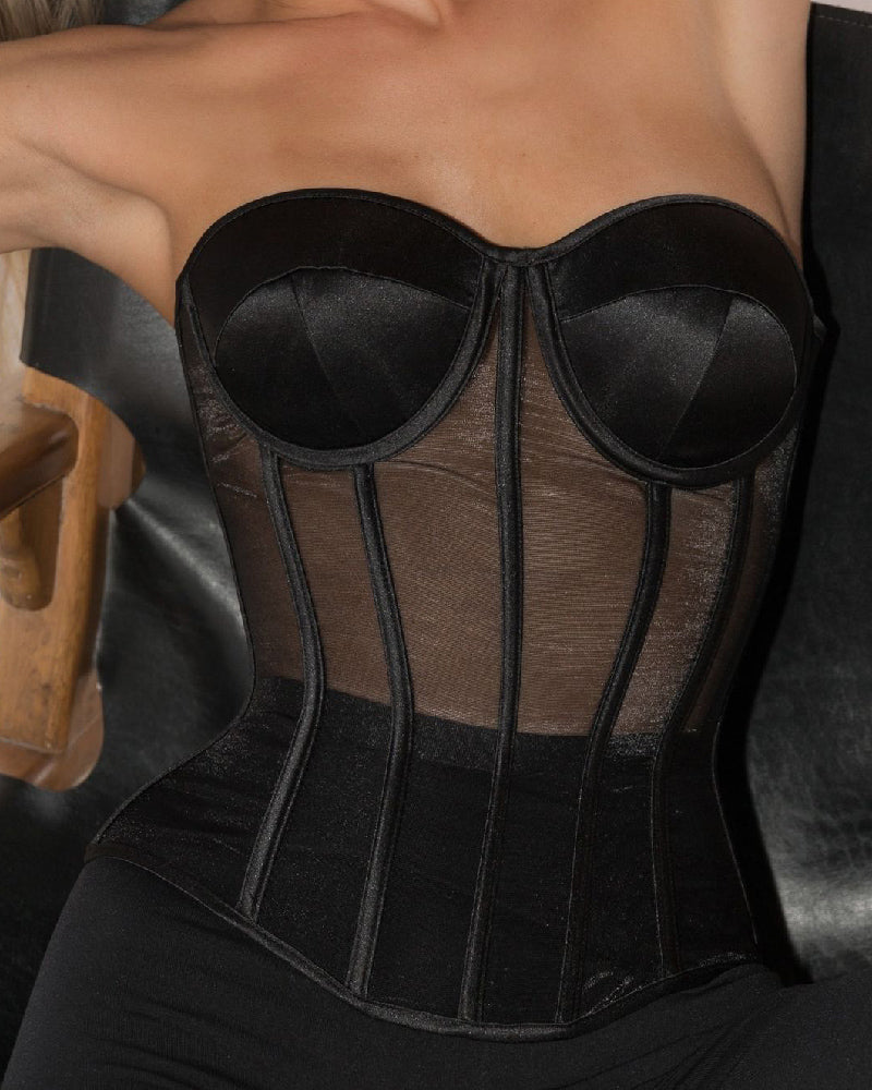 Women's Sexy Mesh Overbust Corset Tops Vintage See Through Slim Bustiers