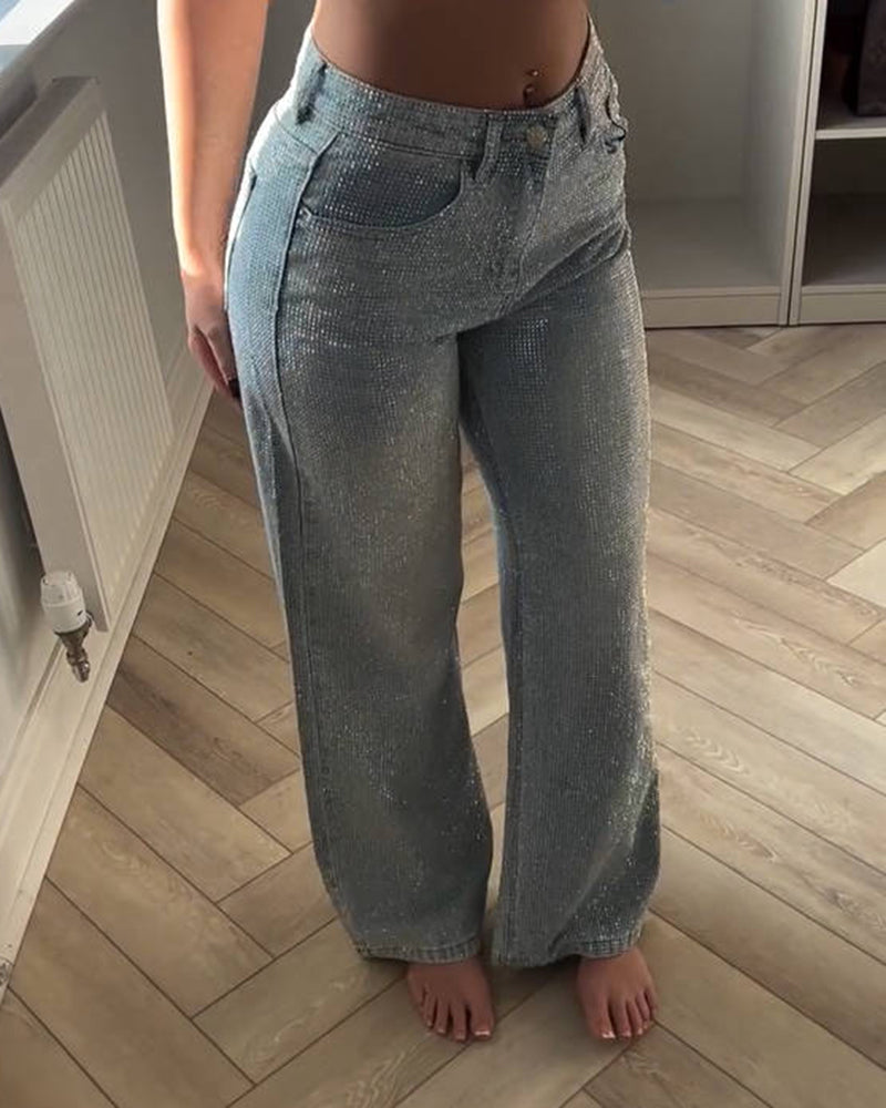 Rhinestone Embellished Washed Mid Waist Wide Leg Denim Jeans