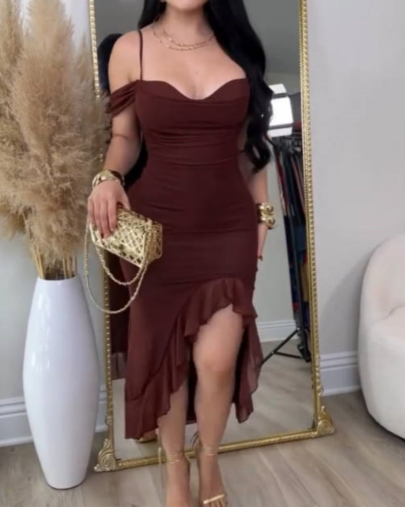 Glamorous Off Shoulder Dress with Ruffled Asymmetrical Slit