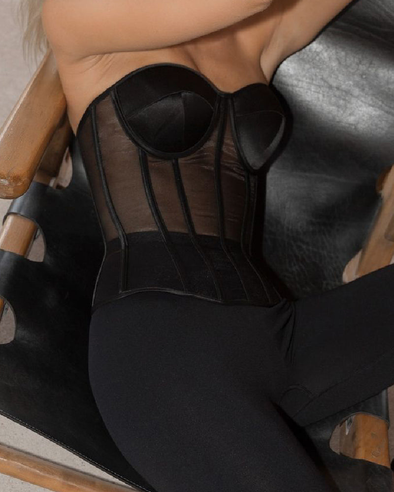 Women's Sexy Mesh Overbust Corset Tops Vintage See Through Slim Bustiers