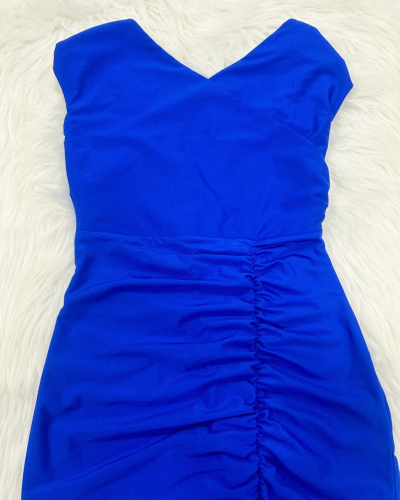 Elegant Off Shoulder V Neck Ruched Side Slit Maxi Dress