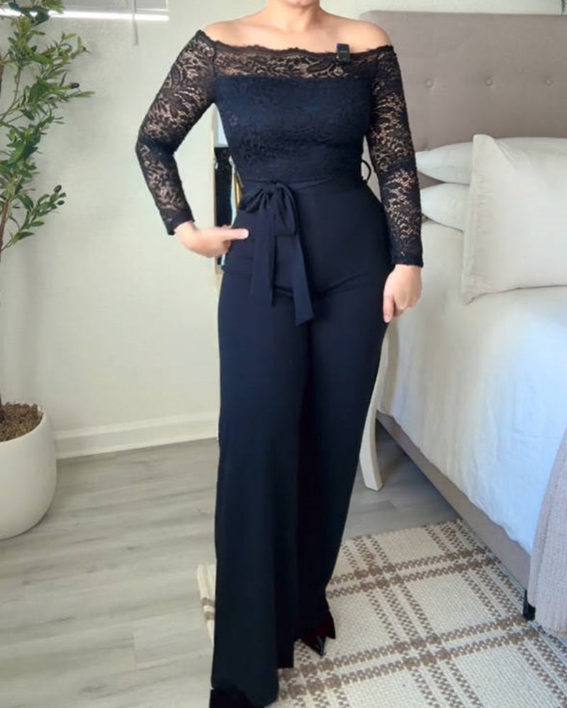 Sexy Lace Panel Off Shoulder Straight Leg Jumpsuit With Waistband