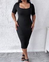 Built-in Shapewear Short Sleeve Square Neck Slim Fit Midi Body Dress