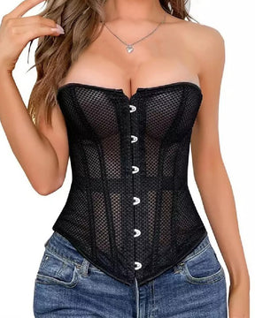 Women's Lace up 12 Pieces Bones Overbust Corset Tube Top Strapless Push Up Bustier Lingerie