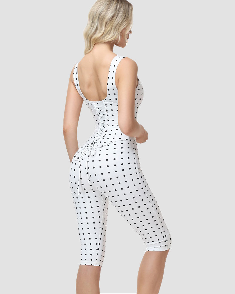 Polka Dot Square Neck Capri Jumpsuit with Hourglass Detachable Corset Two-Piece Set