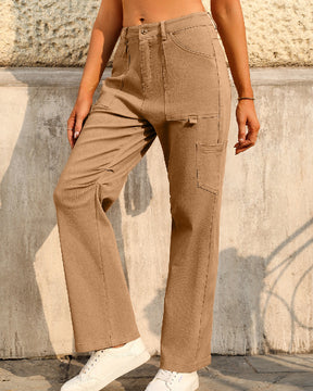 Women's Mid-Rise Solid Straight Leg Cargo Pants With 6 Pockets