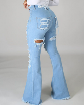 High-Waisted Broken Hole Flared Jeans for Women