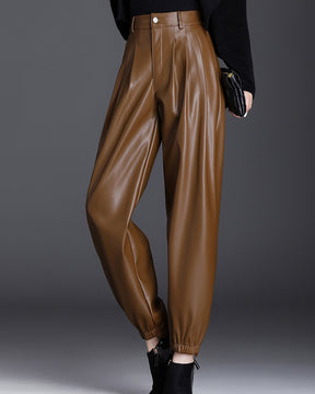 Elastic Waist New Casual Pants Thin Velvet High Waist Slim Carrot Leather Pants