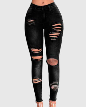 High-waisted Hip-lifting Stretch-leg Ripped Jeans