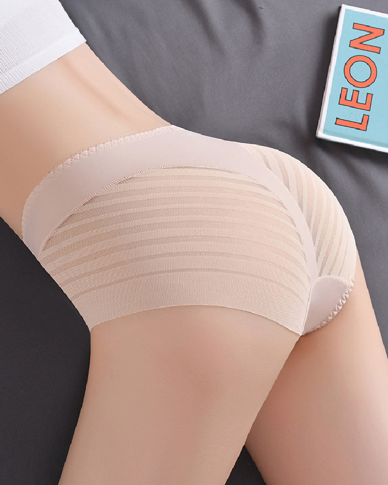 Women's Sexy Seamless Hollow Stripe Mesh Underwear Mid Waist Thong Shaping Briefs