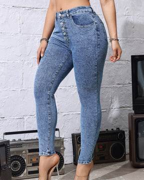 Washed Multi Button Stretch High Waisted Skinny Jeans for Women