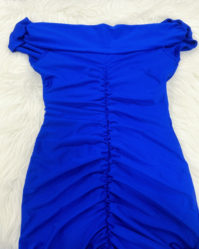 Elegant Off Shoulder V Neck Ruched Side Slit Maxi Dress