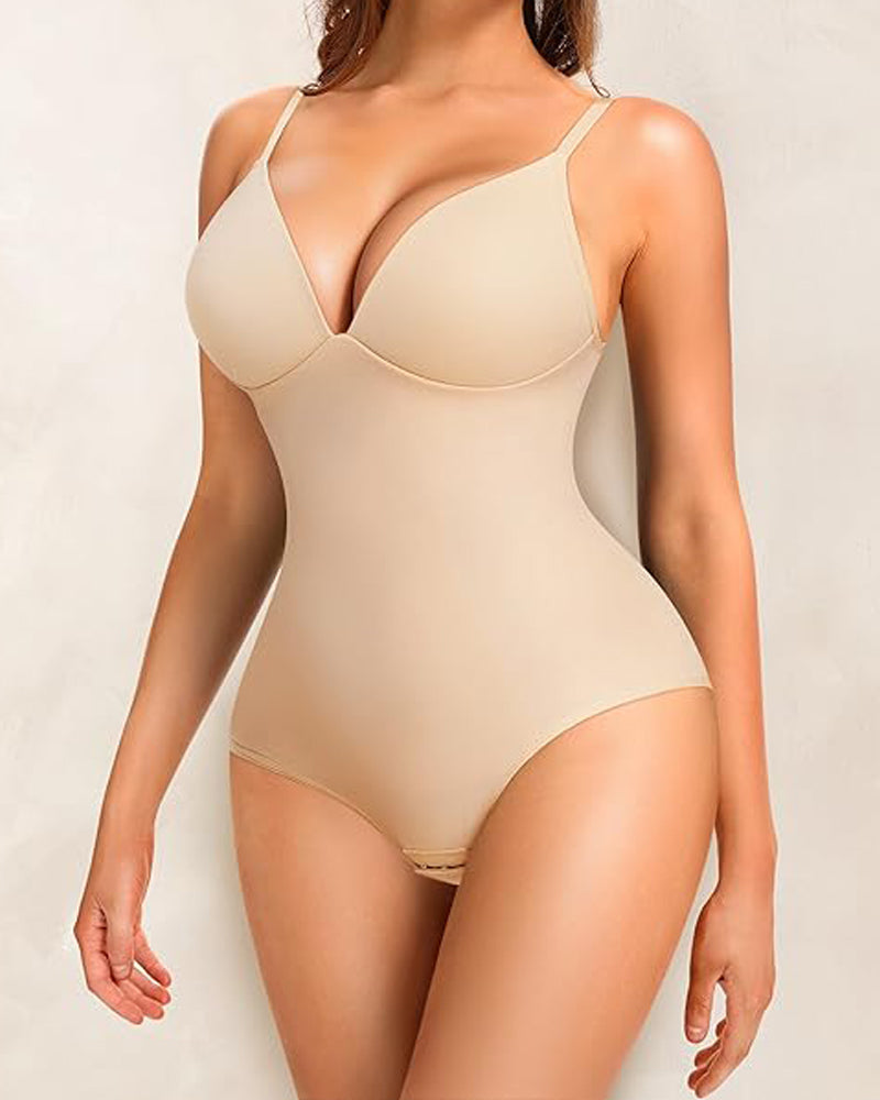 Deep V-Neck Smooth Tummy Control Bodysuits Shapewear with Built in Bra