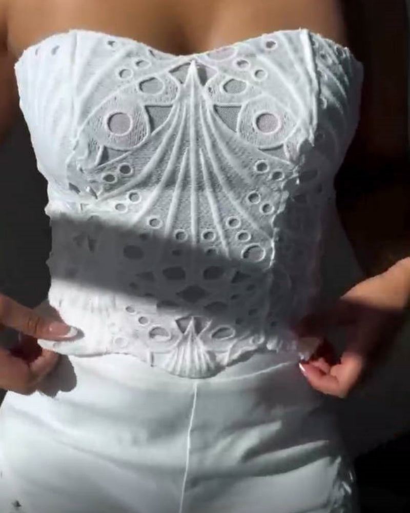 Elegant Strapless Floral Eyelet Cutout Top & Wide Leg Pants Set