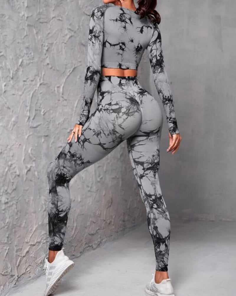 Seamless Tie-Dye Long Sleeve High Waist Tummy Control Bodycon Yoga Suit