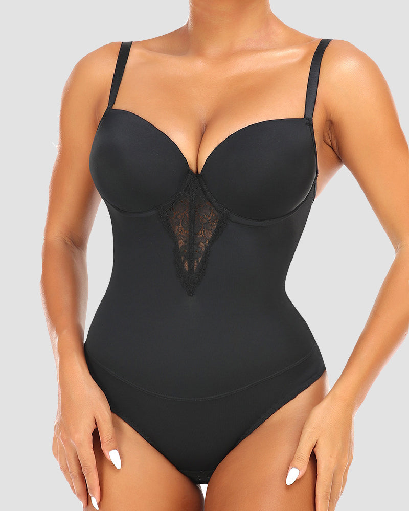 Women's Low Back Bodysuit Lace Stitching Tummy Control Brief Shapewear With Built In Bra