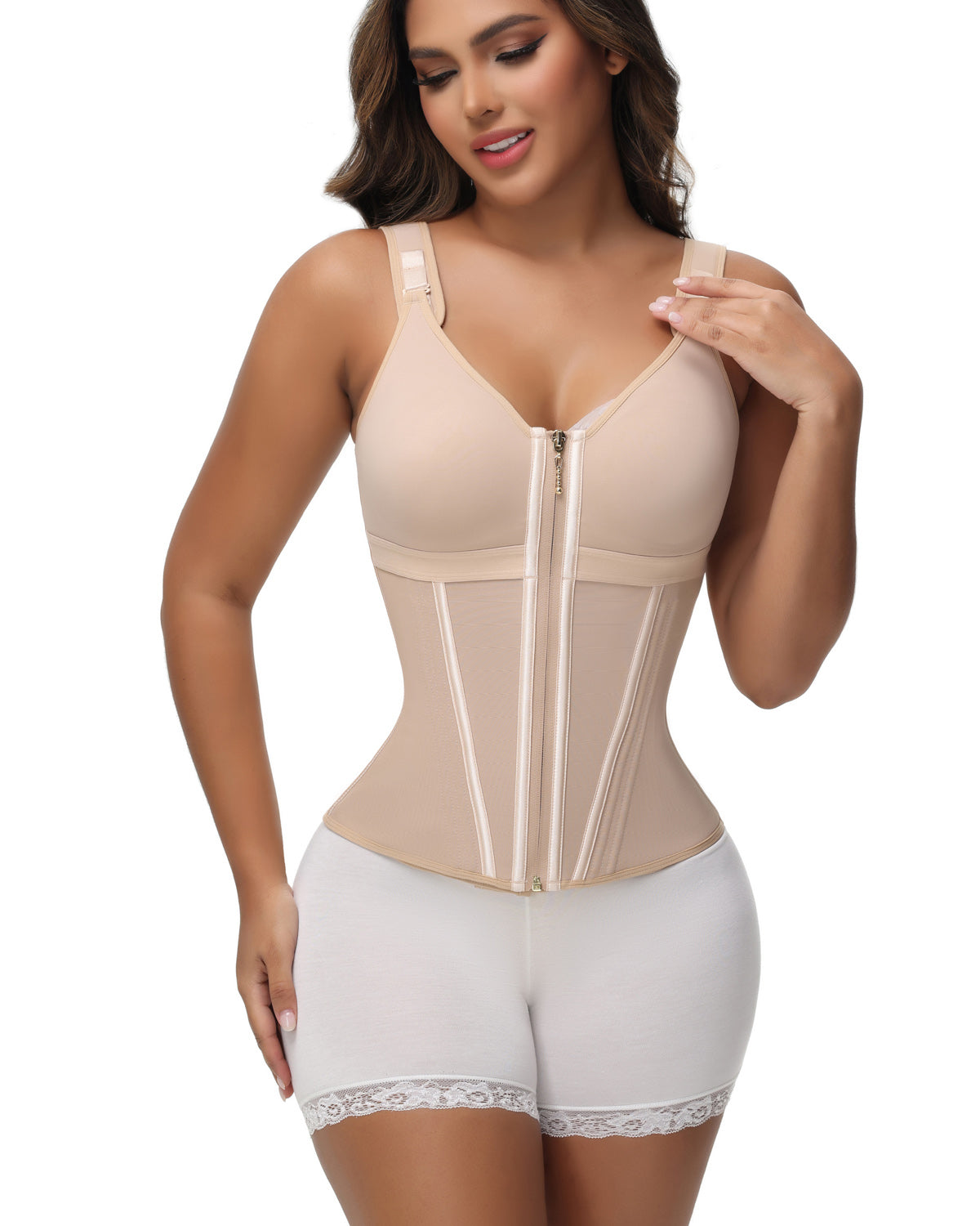 Women's Boned Latex Zipper Corset Tummy Control Body Shaper Vest With Bra