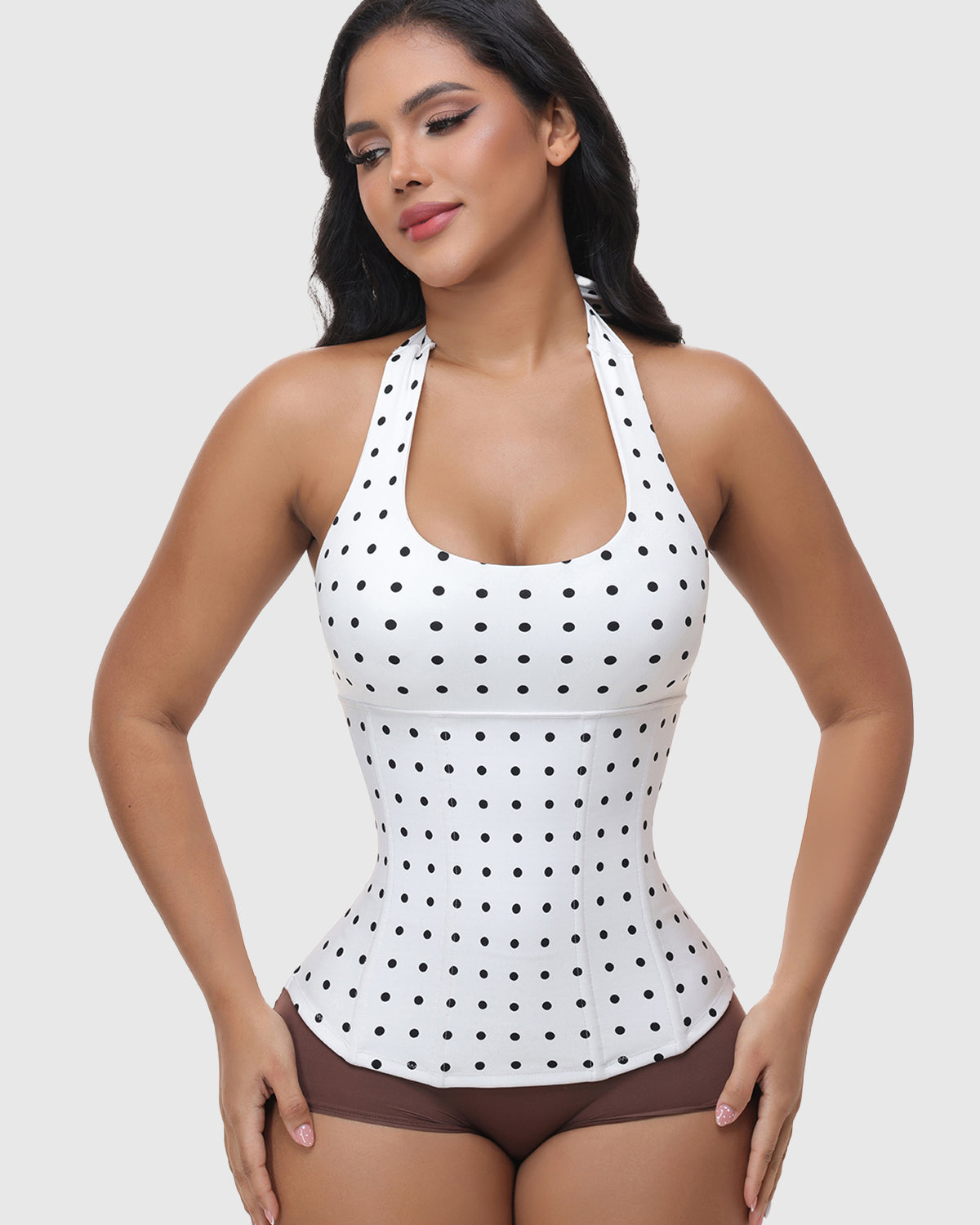 Polka Dot Halter Corset Top with Tied-up Back