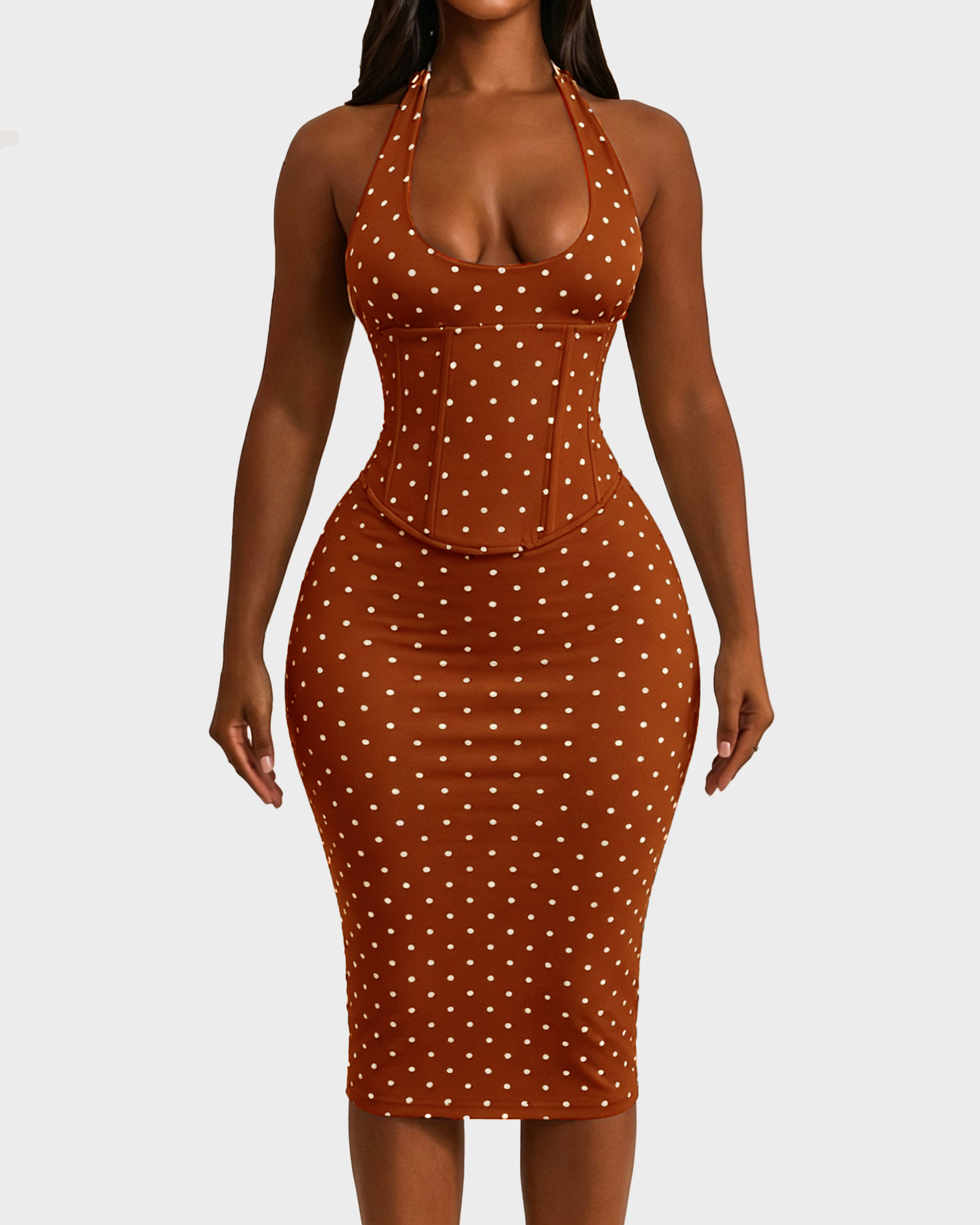 Polka Dot Corset Halter Midi Dress with Lace-Up Back