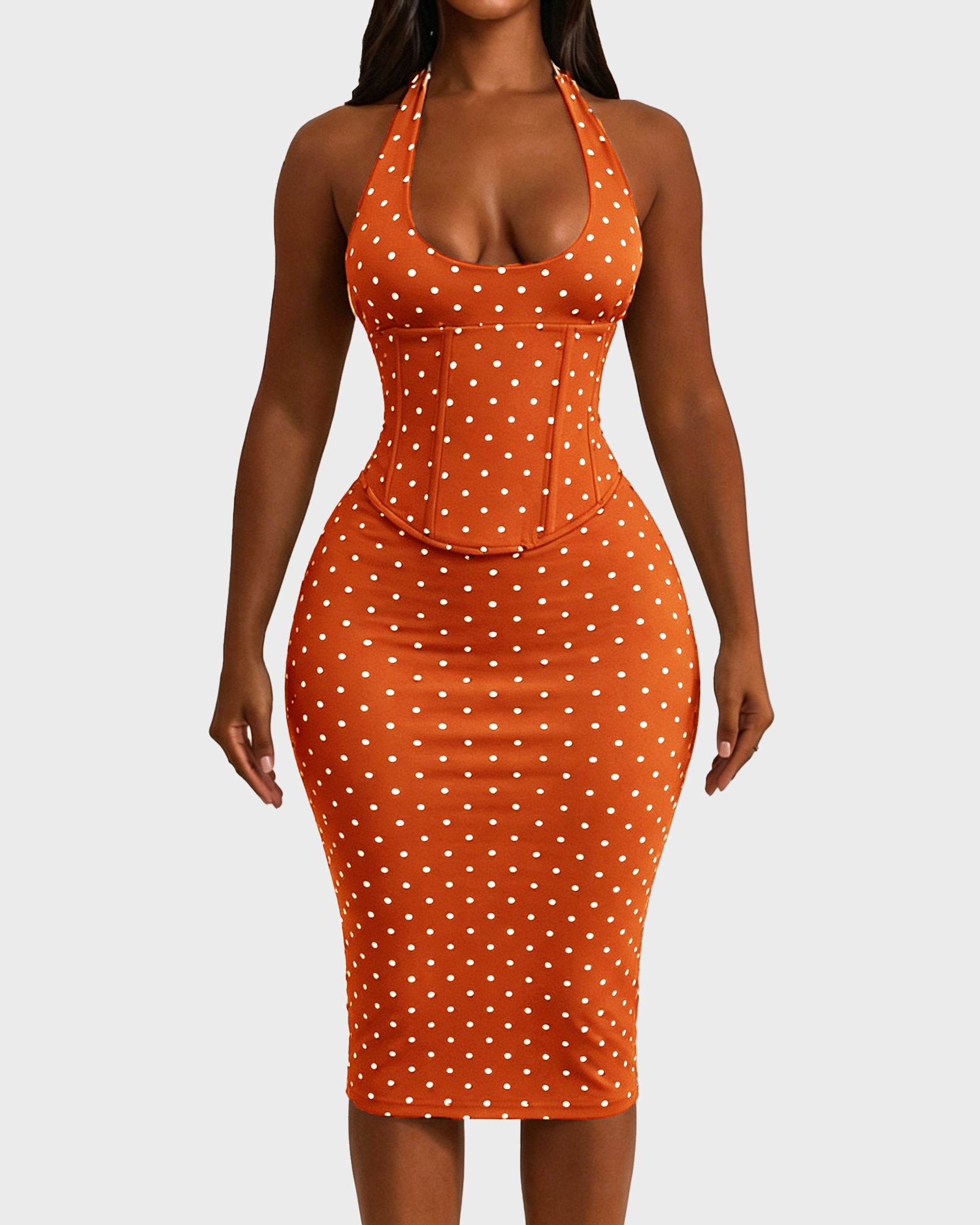 Polka Dot Corset Halter Midi Dress with Lace-Up Back
