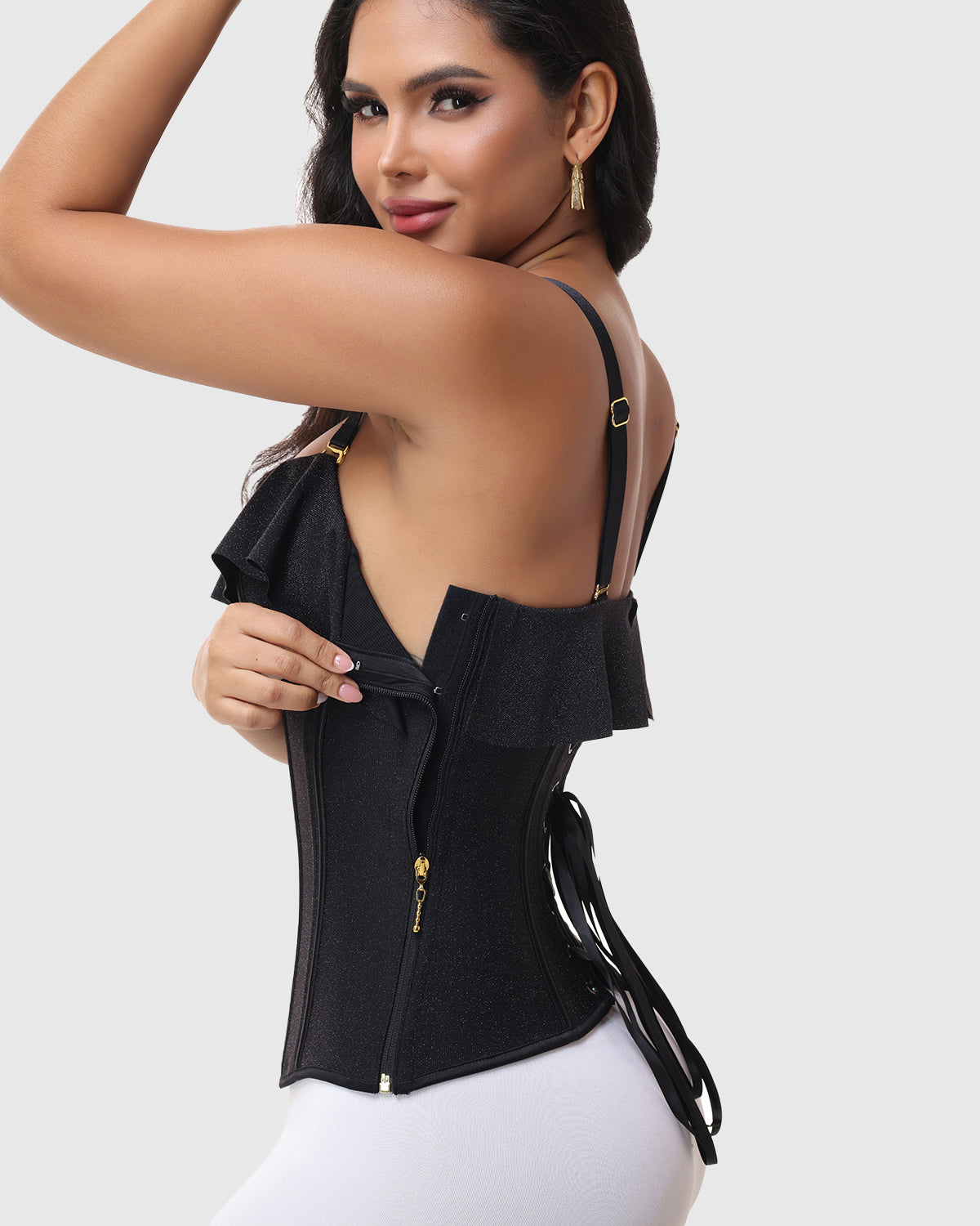 Black Shimmer Ruffle Trim Corset Top with Adjustable Straps