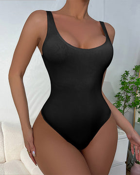 Seamless Solid Tank Top Stretch Square Neck Thong Shapewear Bodysuit