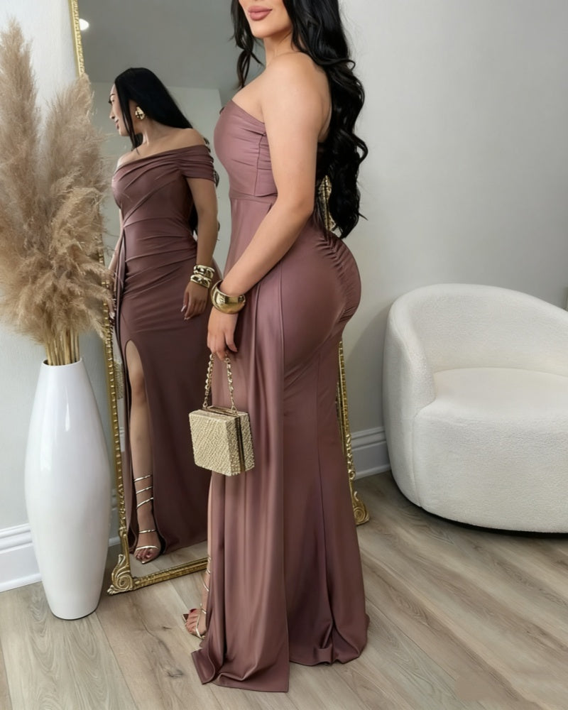 Chic Asymmetrical shoulder Ruched Maxi Dress with Side Slit