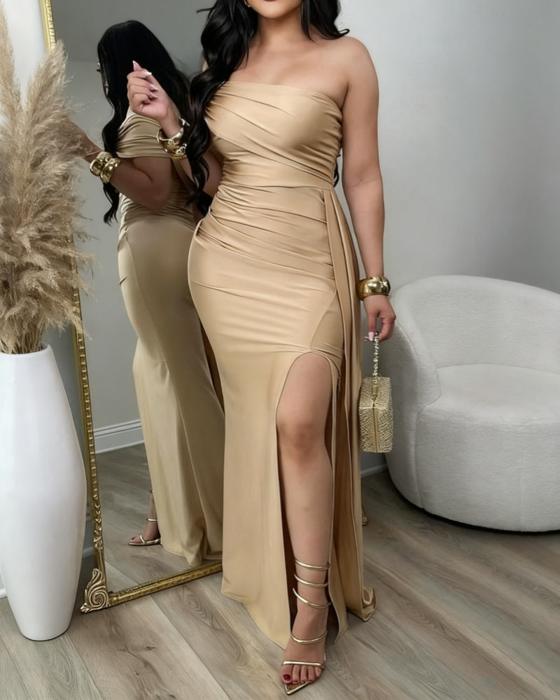 Chic Asymmetrical shoulder Ruched Maxi Dress with Side Slit
