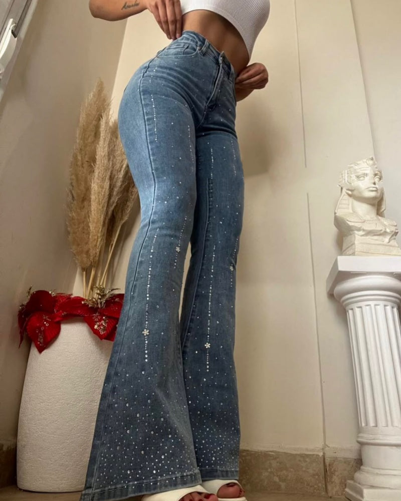 High Waisted Hip Lift Flared Jeans with Sparkling Sequin (Pre-Sale)