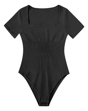 Women's Square Neck Sexy Ribbed Short Sleeve Thong Tummy Control Bodysuits