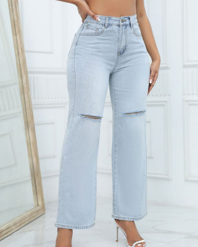 Versatile High Waist Ripped Wide Leg Jeans