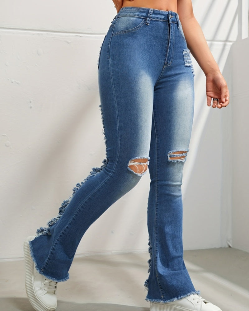 Street-rocking Contrasting Color Ripped High-Waisted Slim-fitting Raw-edge Flared Jeans