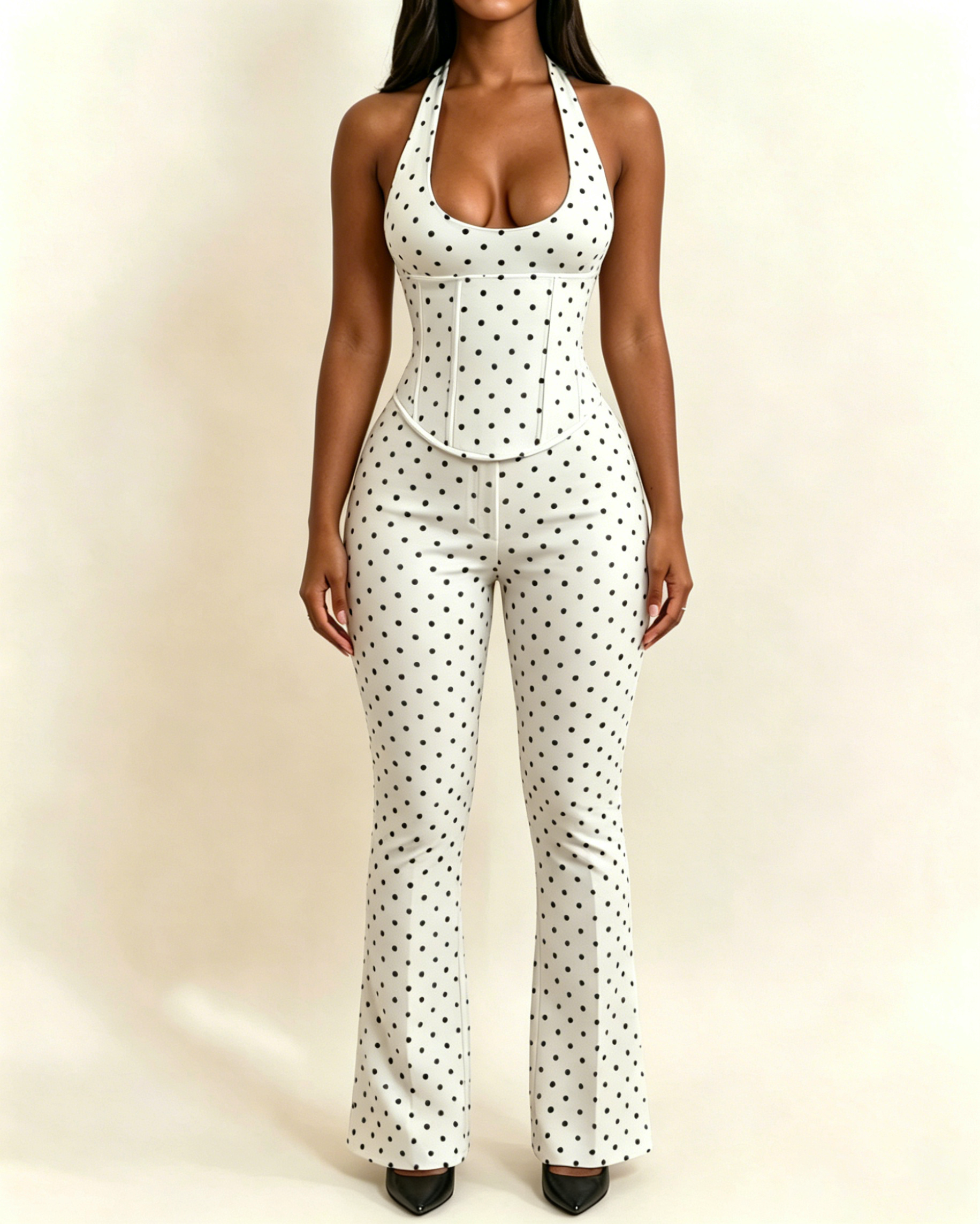 Polka Dot Halter Neck Flare Leg Jumpsuit with Detachable Corset