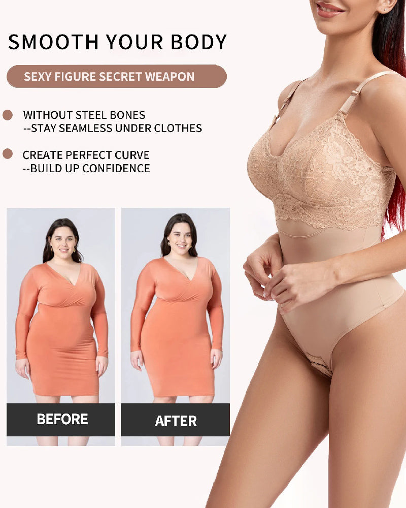 Body de cintura adelgazante de encaje sin costuras, tanga con control de barriga, fajas con sujetador