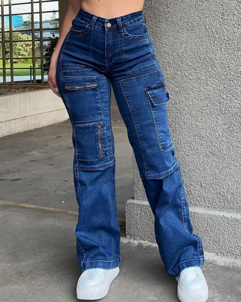 Deep Blue Butt Lift Cargo Jeans with Multiple Pockets