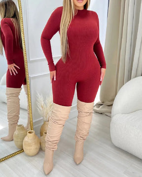 Fashion Ribbed High Neck Long Sleeve Tight-fitting One-piece Jumpsuits