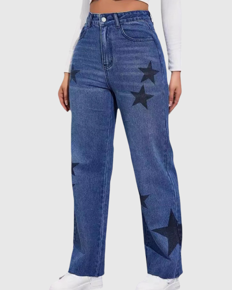 Star Print High Wasit Straight Leg Casual Comfort Jeans