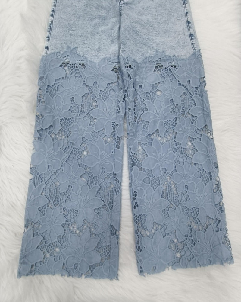 Shapshe® Cut out Floral Denim with Lace Wide Leg Jeans for Women
