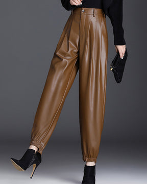 Elastic Waist New Casual Pants Thin Velvet High Waist Slim Carrot Leather Pants