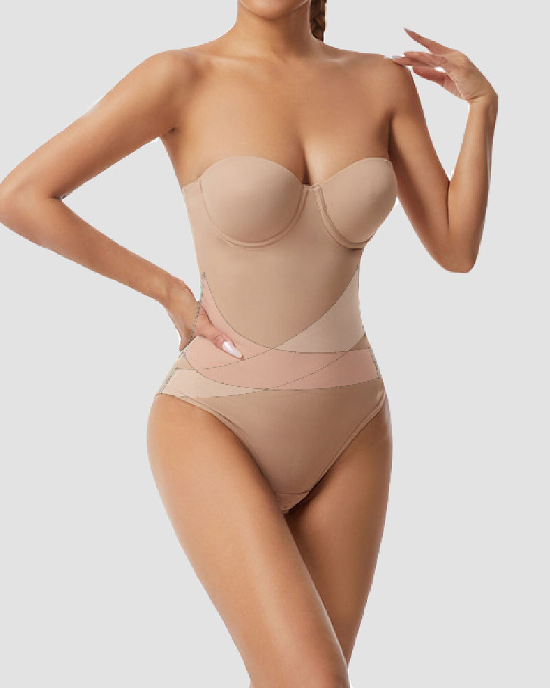 Women's Strapless Built-in Bra X Cross Tummy Control Bodysuit