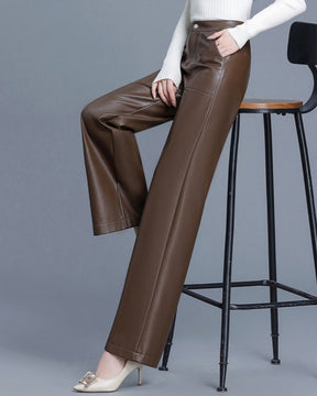 Versatile PU Leather Wide-leg Leather Pants for Women High Waist Slim Straight Pants