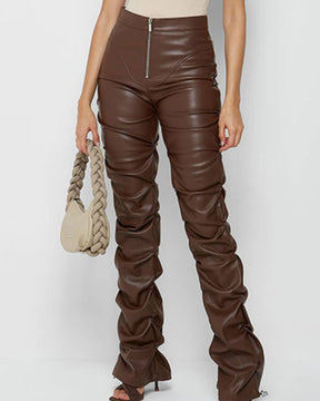 PU Leather Personalized Pleated Flared Pants