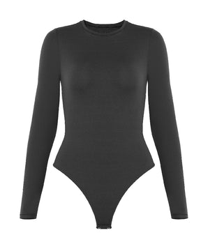 Women's Crew Neck Double Lined Long Sleeve Basic Stretchy Thong Bodysuit