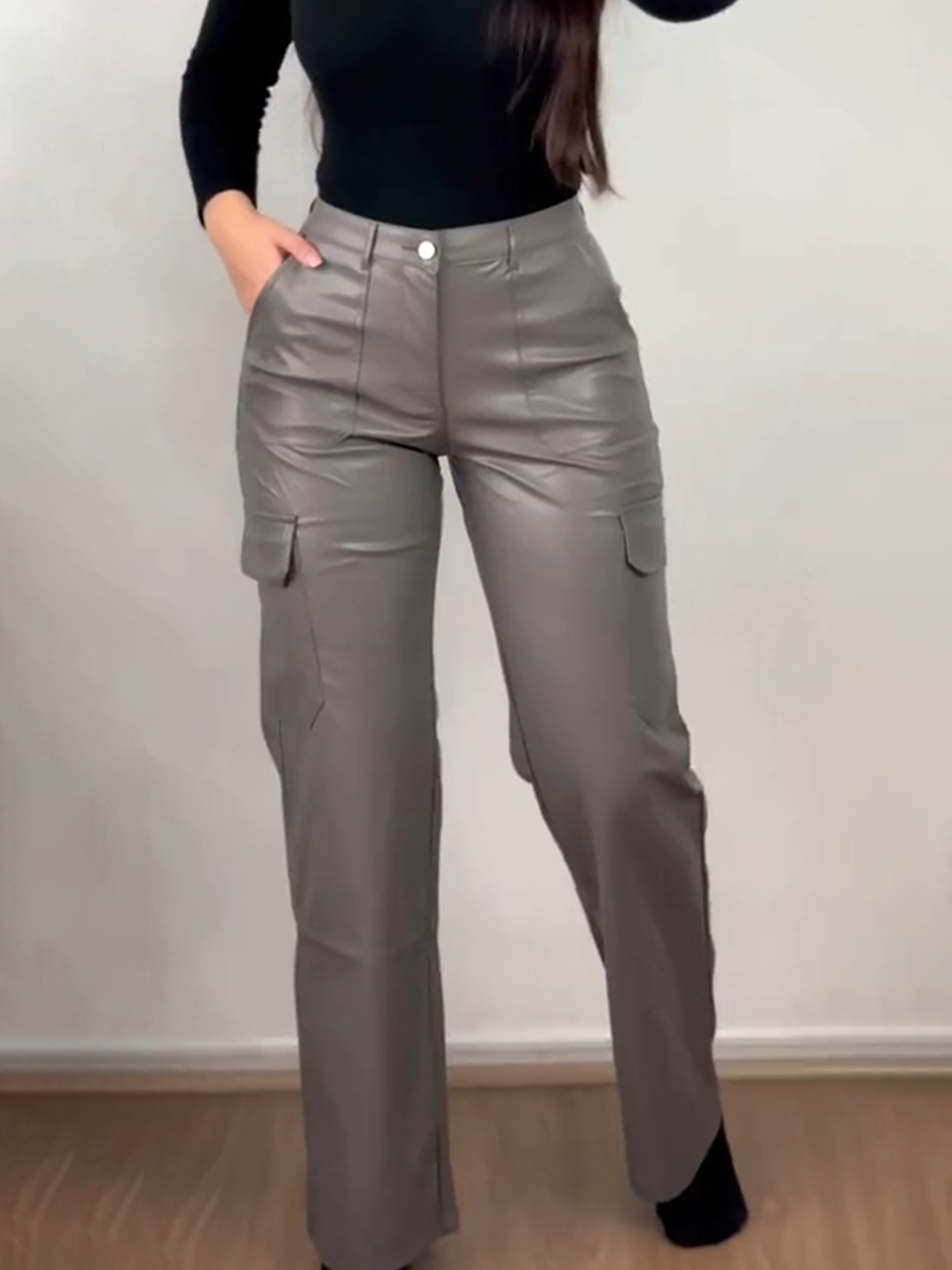 Straight Leather Pants Cargo Pants with Multi Pocket for Women（Pre-Sale）