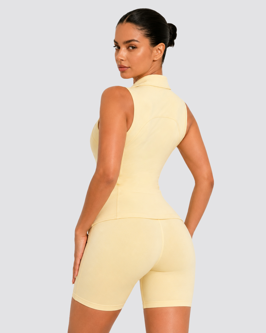 Women's 2-Piece Minimalist Gold-Color Zipper Vest & Tight Above-The-Knee Shorts Set